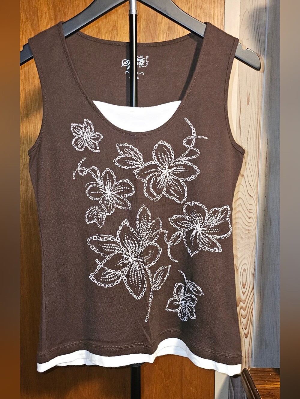 Style & Co. Brown Tank Top with White Floral Sequin Design